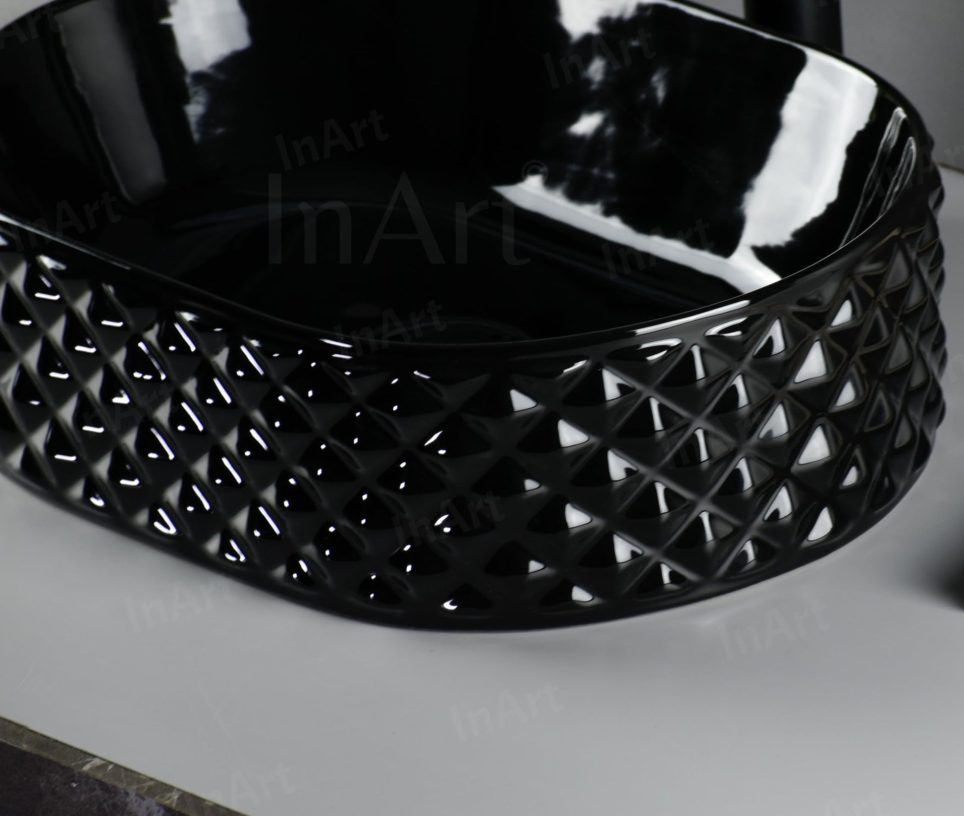 Countertop wash basin black for bathroom or kitchen, premium glossy ceramic table top sink with tap hole