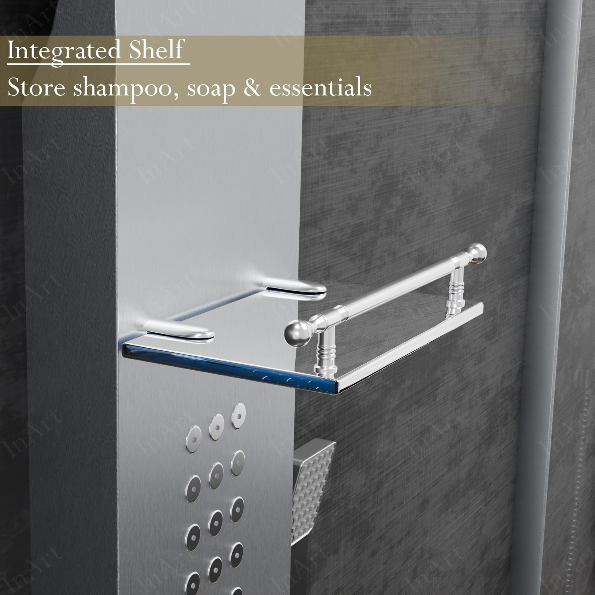 Waterfall spout detail on InArt 304 stainless steel shower panel, brushed chrome finish for premium washroom