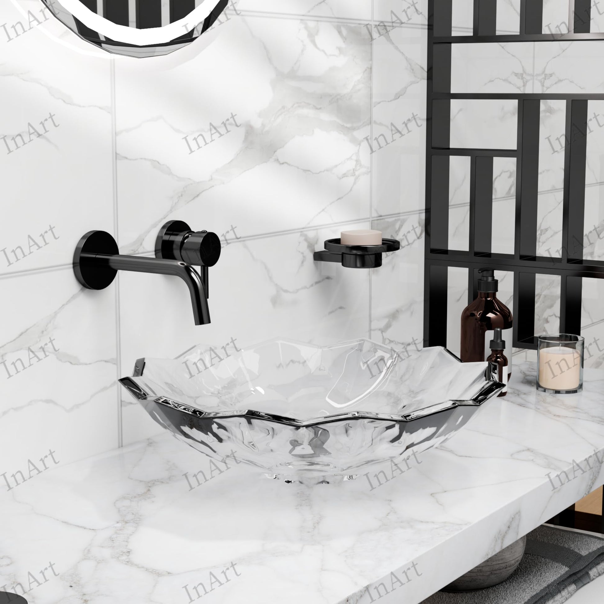 Modern glass wash basin for bathroom, PrismCut, black finish