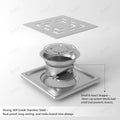 Modern bathroom floor trap design in 304-grade stainless steel, side angle of 5x5 square drain cover