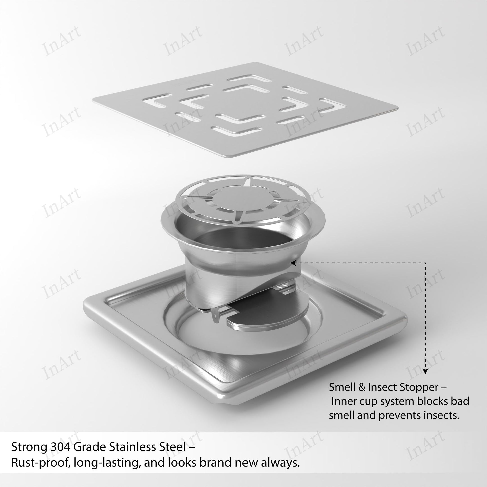 Modern bathroom floor trap design in 304-grade stainless steel, side angle of 5x5 square drain cover