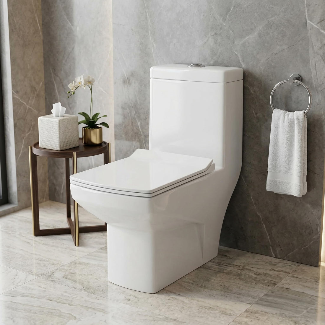InArt single piece western toilet in glossy white ceramic, elongated one-piece EWC floor mounted front view