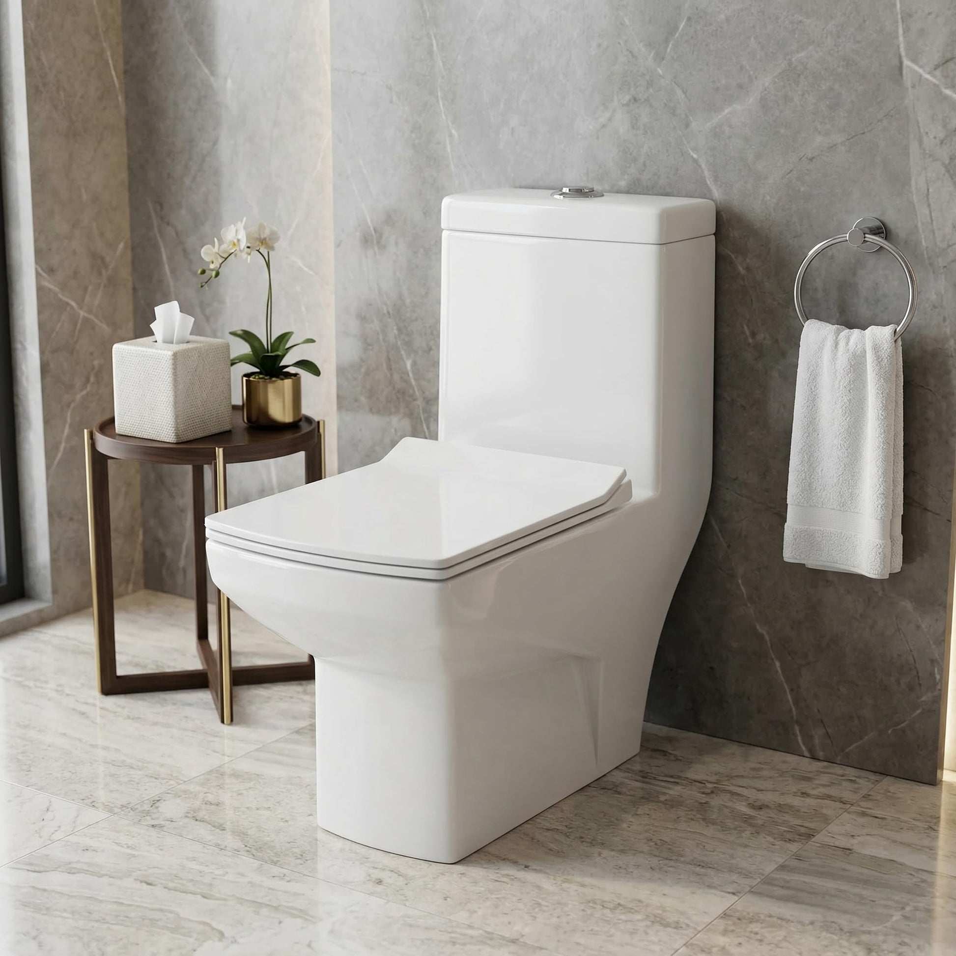 InArt single piece western toilet in glossy white ceramic, elongated one-piece EWC floor mounted front view