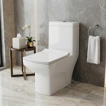 InArt single piece western toilet in glossy white ceramic, elongated one-piece EWC floor mounted front view