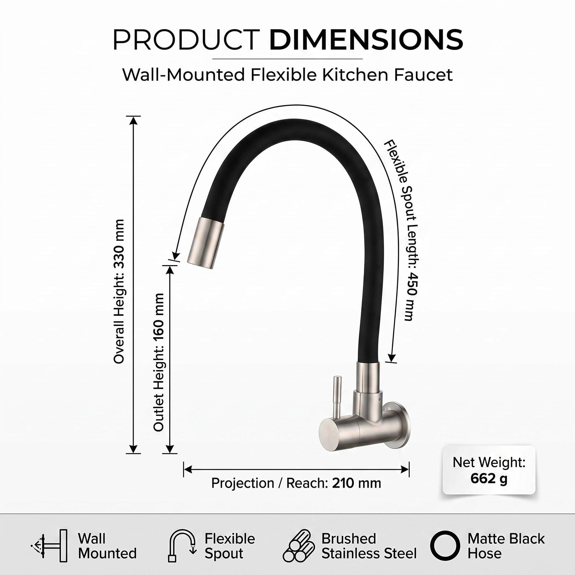Side view of wall mounted kitchen tap showing 210 mm projection and 160 mm outlet height
