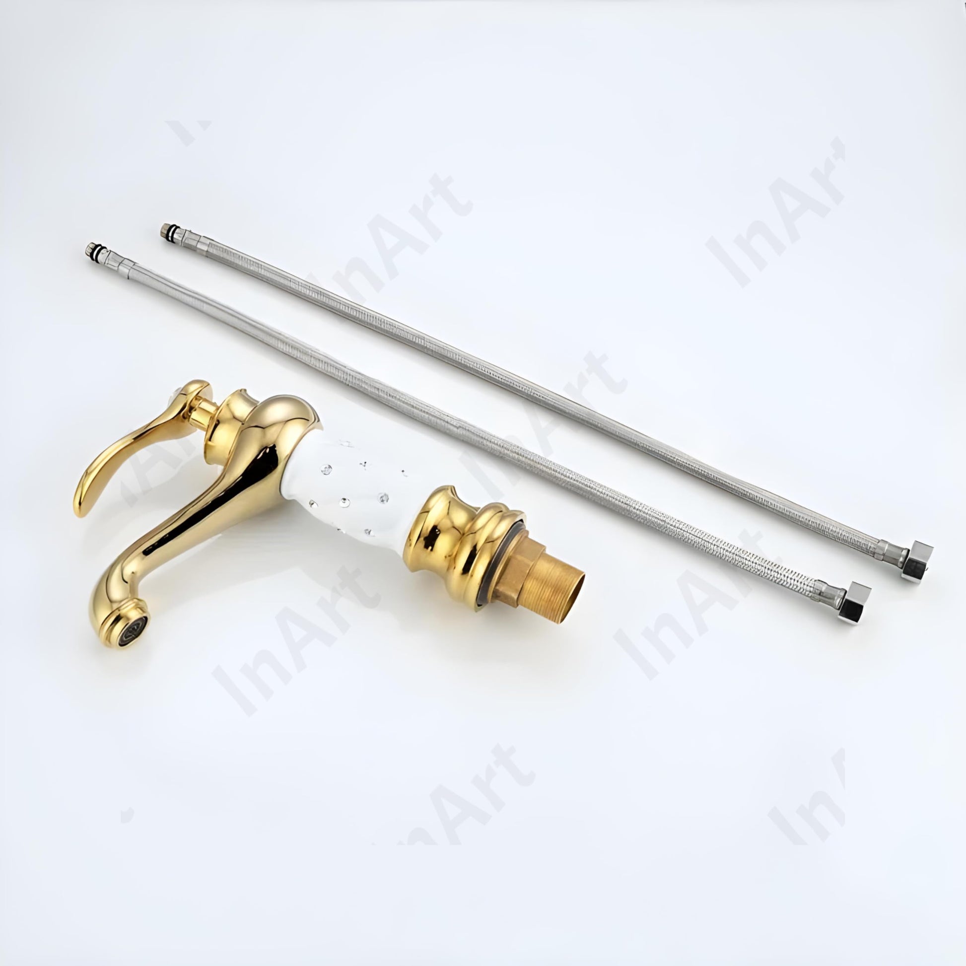 InArt designer taps for wash basin in gold and white, premium brass basin mixer tap for bathroom interior