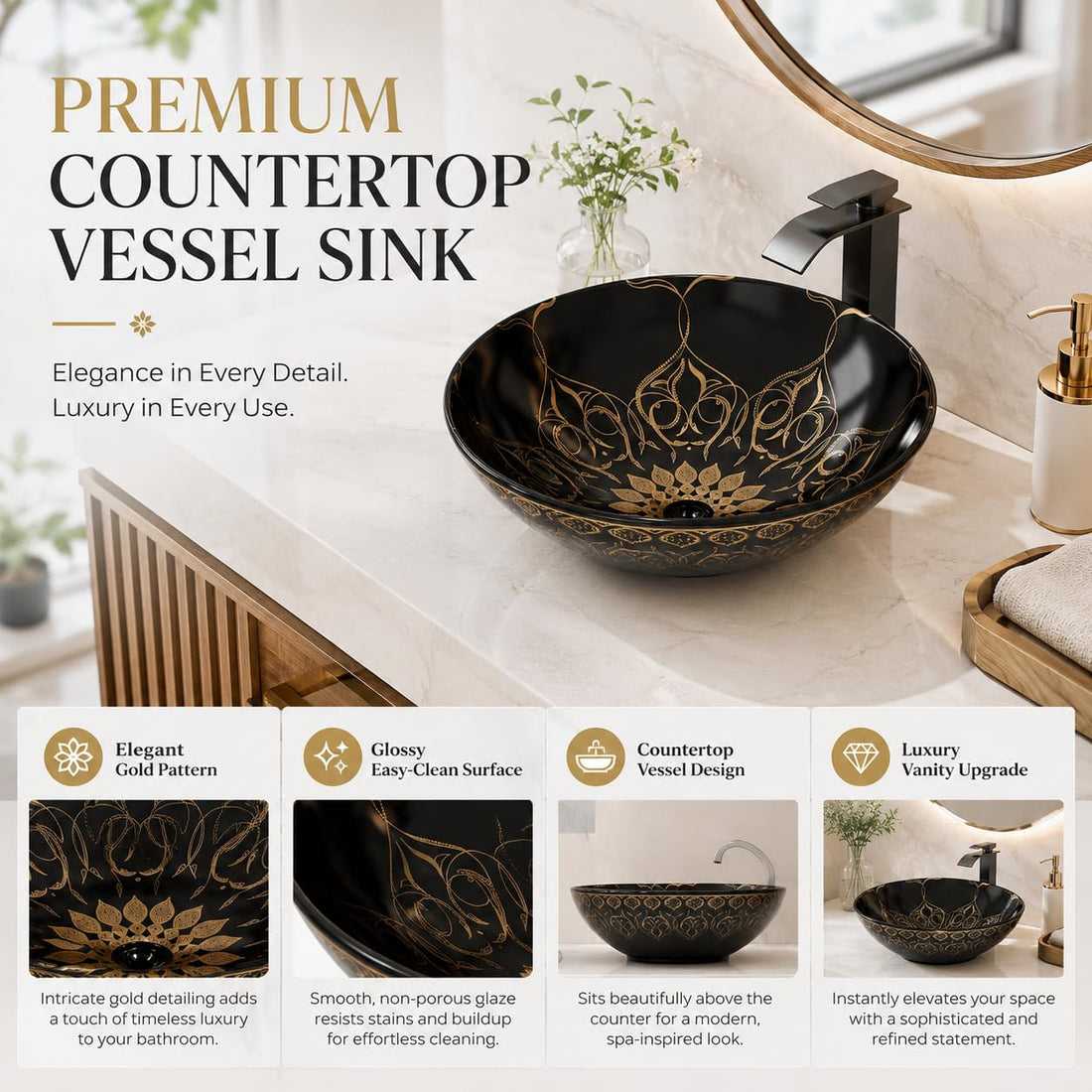 InArt ceramic wash basin design, round table top wash basin in black and gold finish, front view