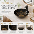 Designer table top basin in black with gold rim, round counter top wash basin angled side view