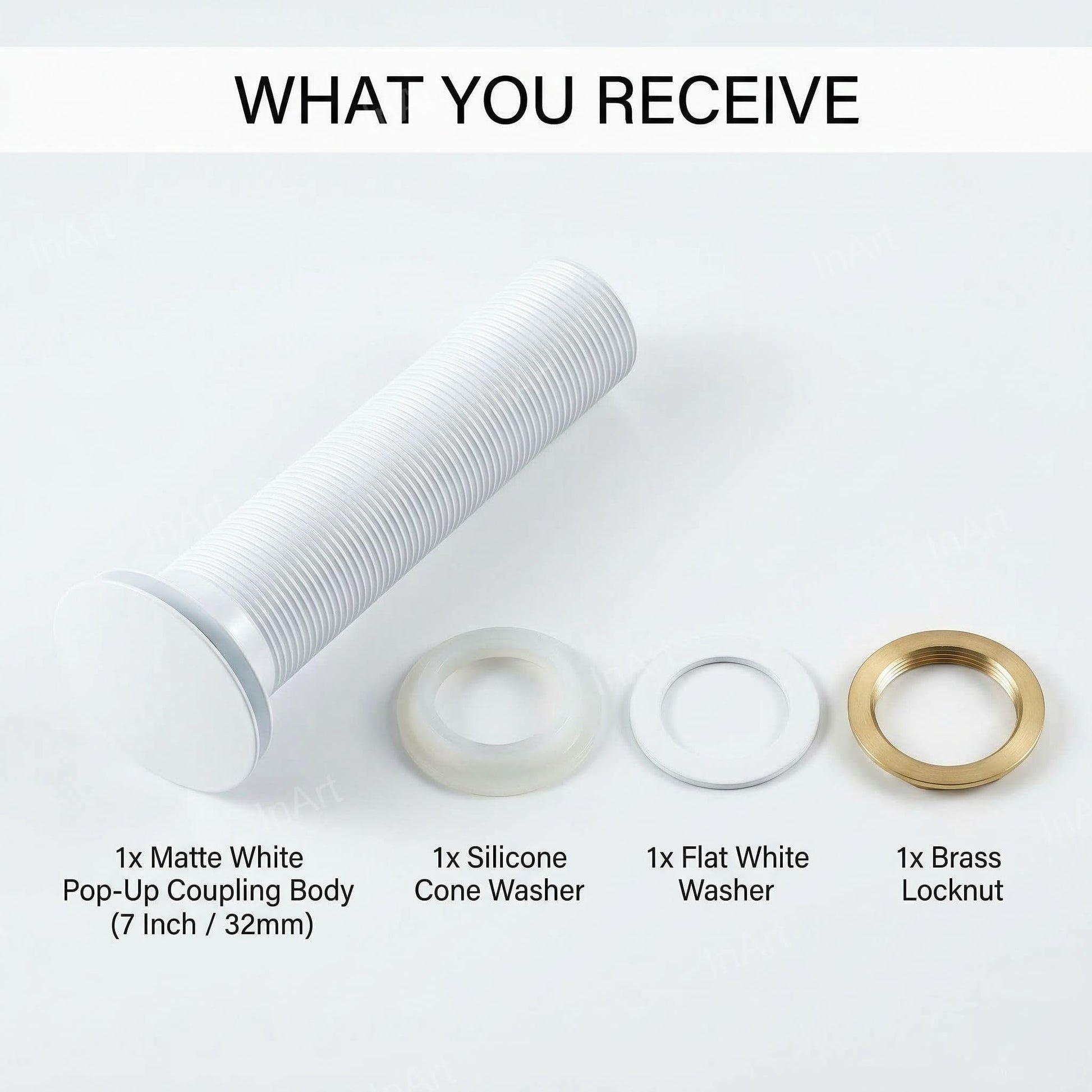 InArt brass pop up waste coupling 32mm, 7 inch drain assembly for wash basin, white matte finish