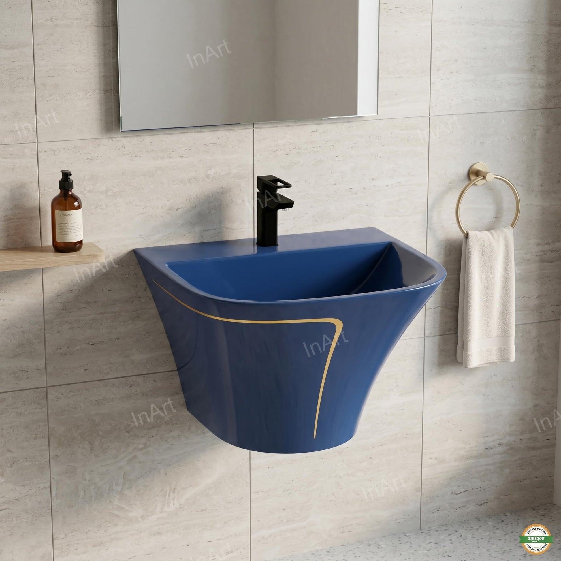 Close-up of slim rim on blue glossy ceramic wall hanging wash basin, premium sanitaryware detail