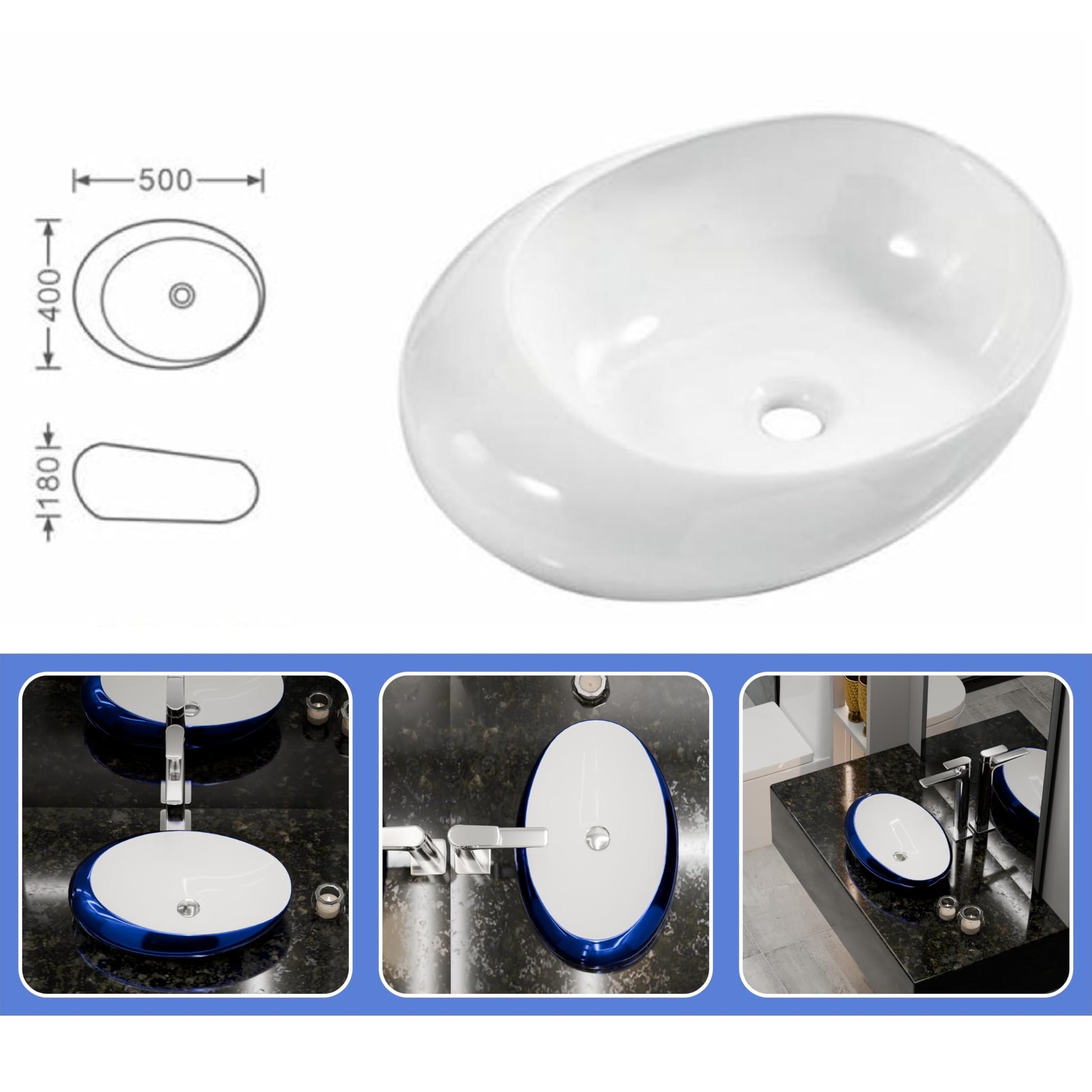 Contemporary wash basin with glossy blue finish, smooth oval rim detail close-up