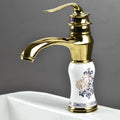InArt gold basin tap close-up of single lever handle and smooth gold white finish for washroom basin