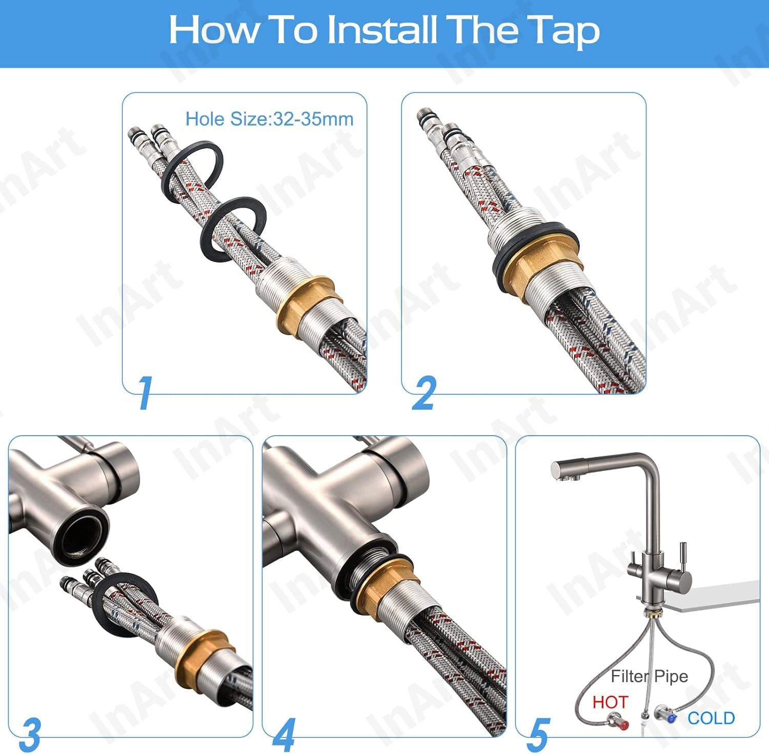 Kitchen sink tap hot and cold with swan neck spout, deck mounted brushed chrome mixer tap angled view