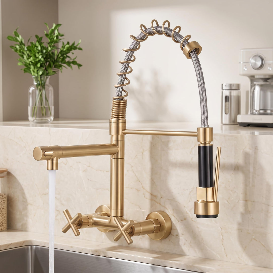 Wall mounted kitchen tap in brushed matt gold with pull-down sprayer and single lever control