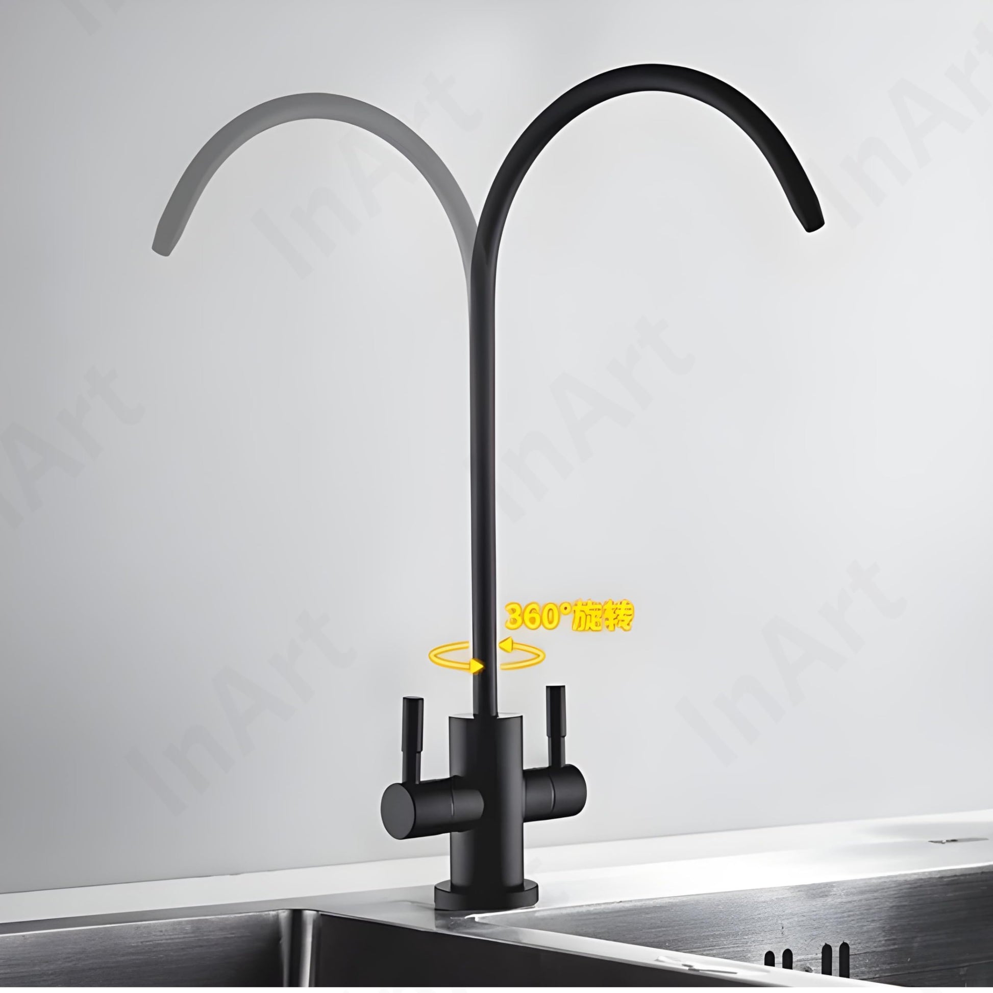 Close-up of non air gap RO tap in SS304 with black matt finish, dual handle controls for drinking water
