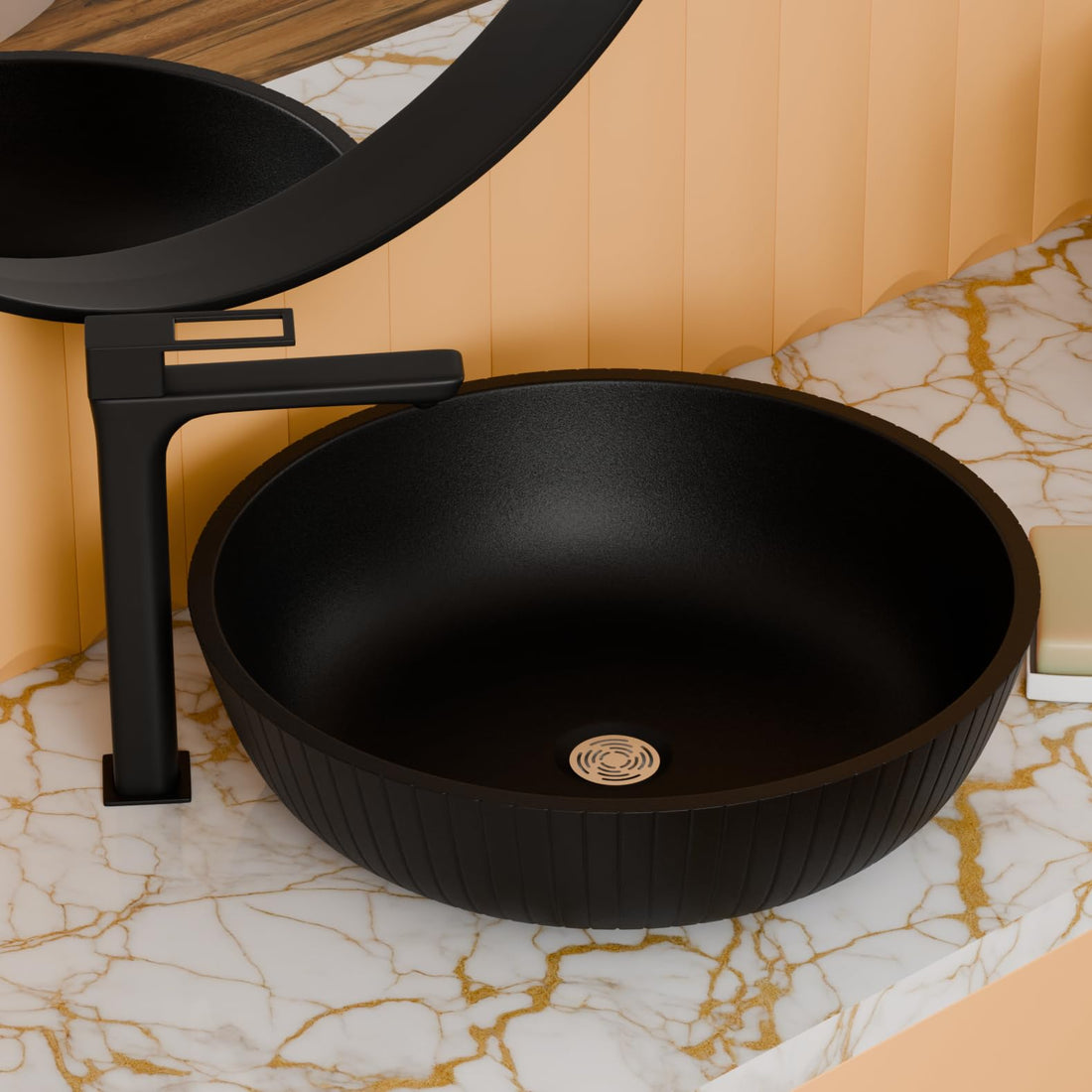 InArt quartz round table top wash basin in matte black satin, main front view for modern bathroom