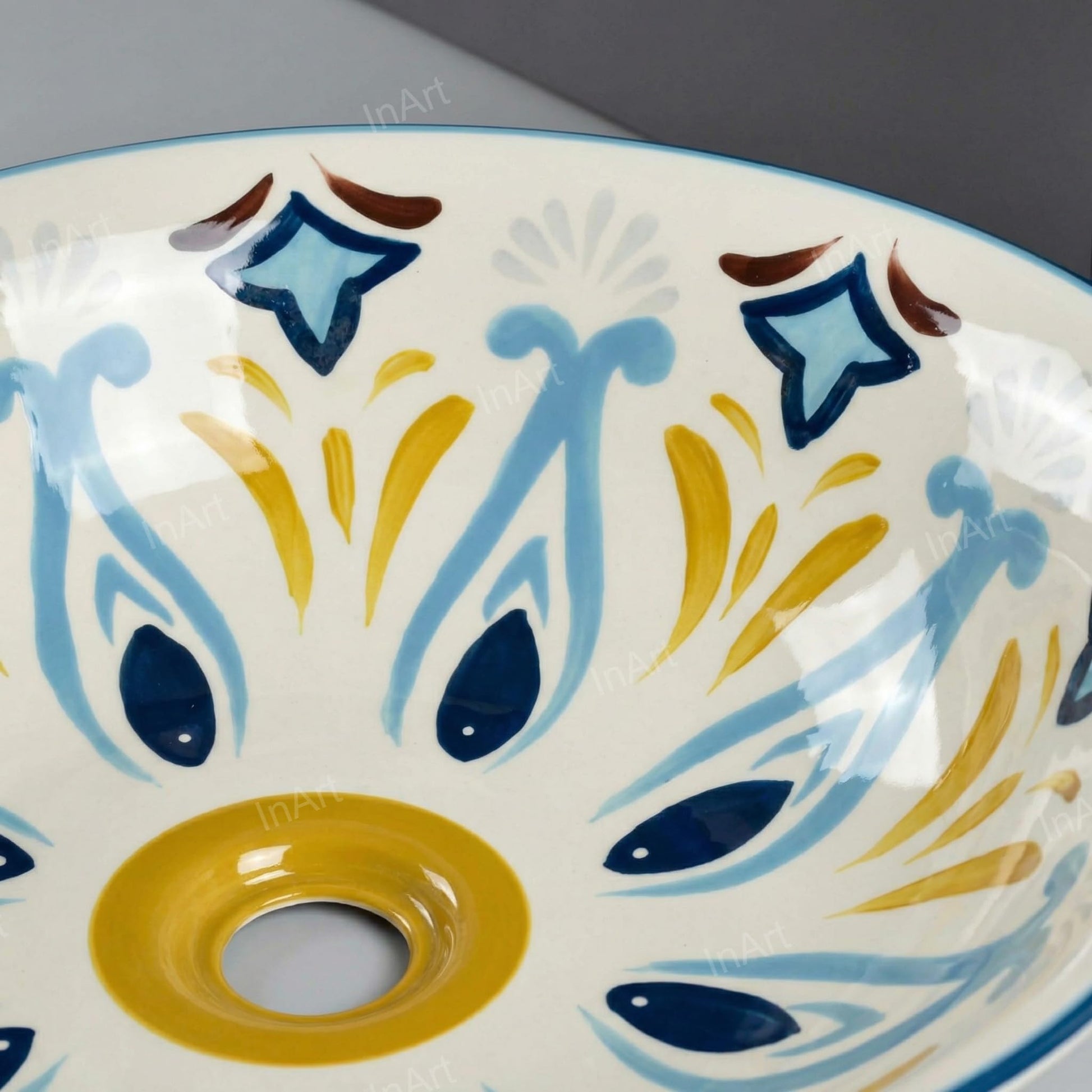 Table top ceramic wash basin 42 cm round, Mexican Blue, ideal for premium bathroom vanity with tap