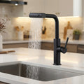 Waterfall spout detail on InArt pull out faucet for kitchen sink, matte black brass finish