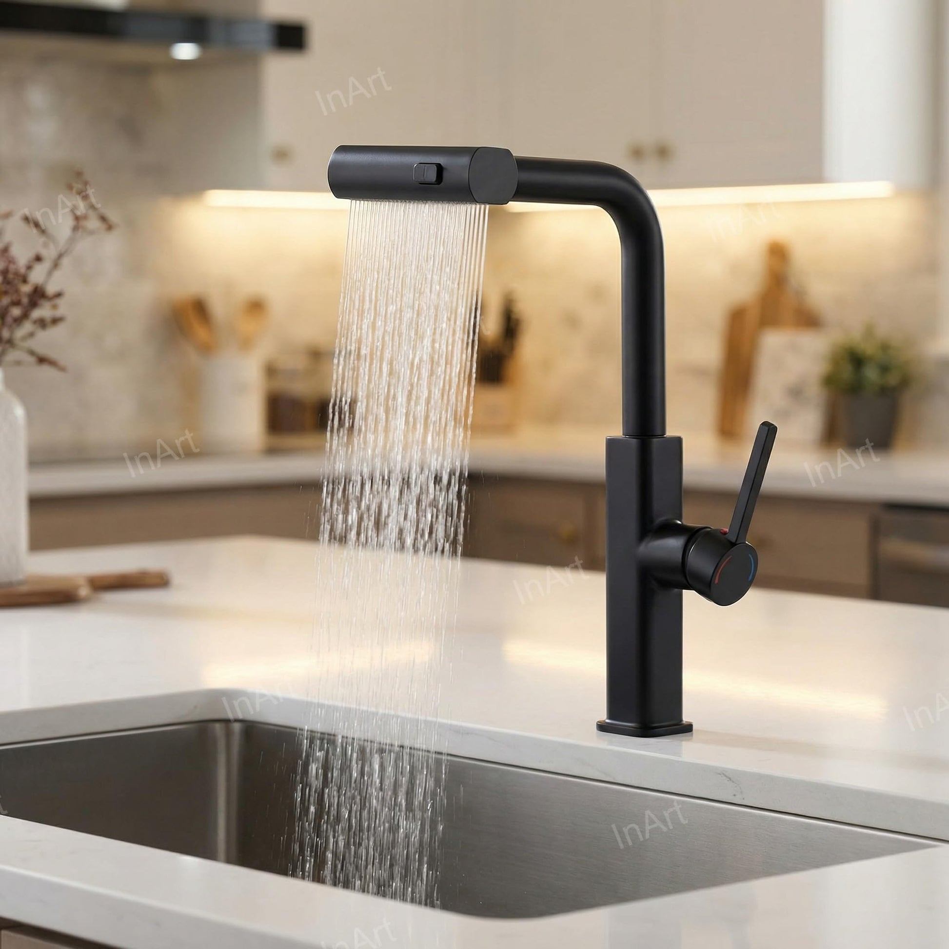 Waterfall spout detail on InArt pull out faucet for kitchen sink, matte black brass finish