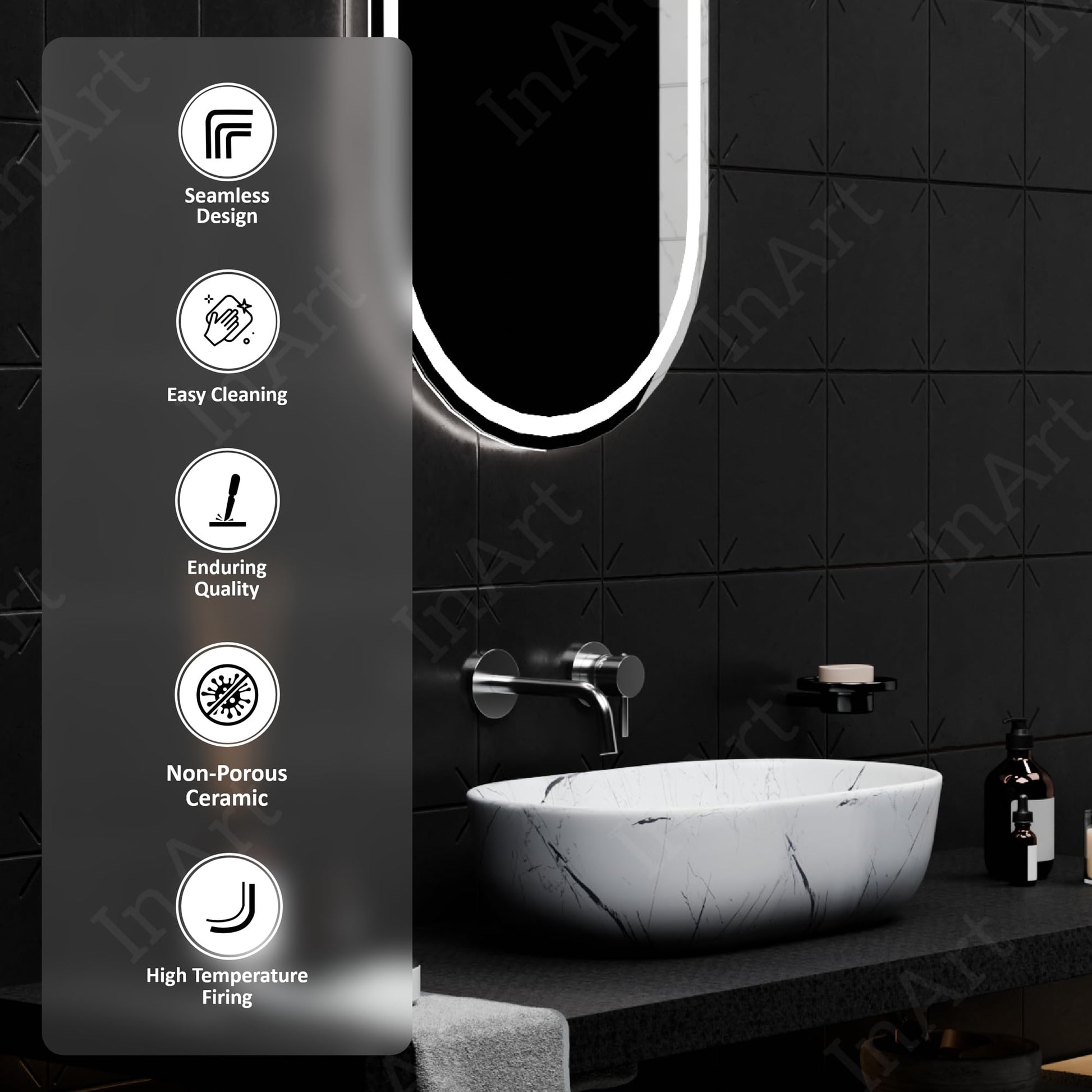 Table top wash basin for bathroom interior, 55x35 cm rectangular ceramic basin with tap hole area view