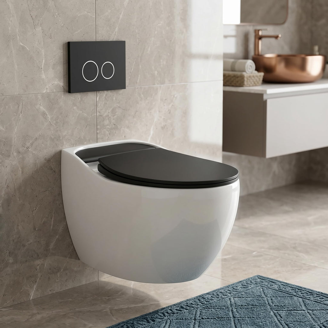InArt wall mount western toilet, glossy ceramic rectangular wall hung commode in black and white