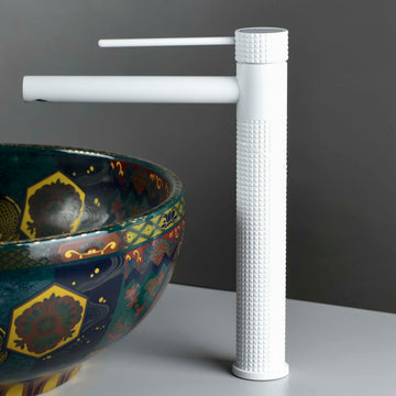 InArt single lever basin mixer tap in white matte brass, deck mount, 12 inch spout, hot and cold water