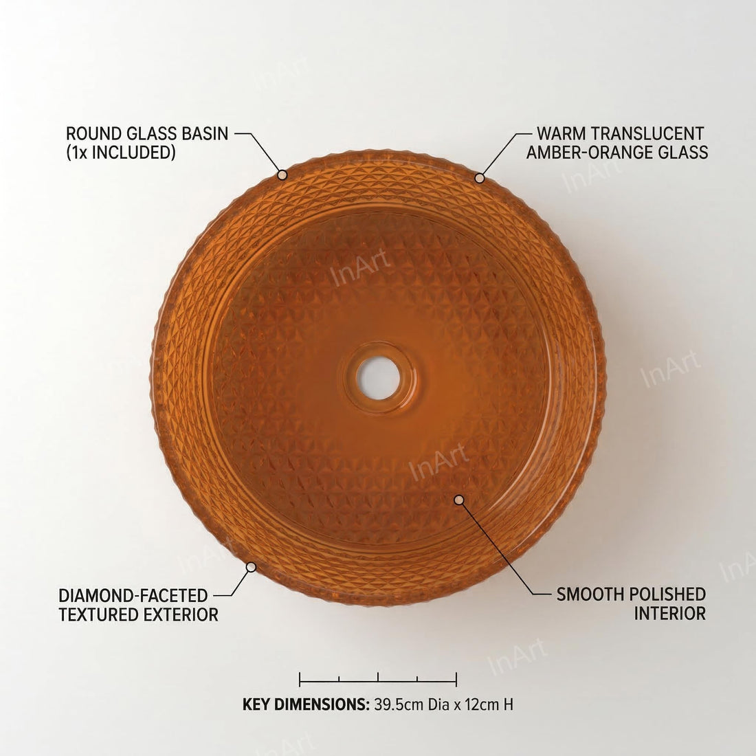 InArt wash basin waste coupling compatible amber round glass table top wash basin, front view