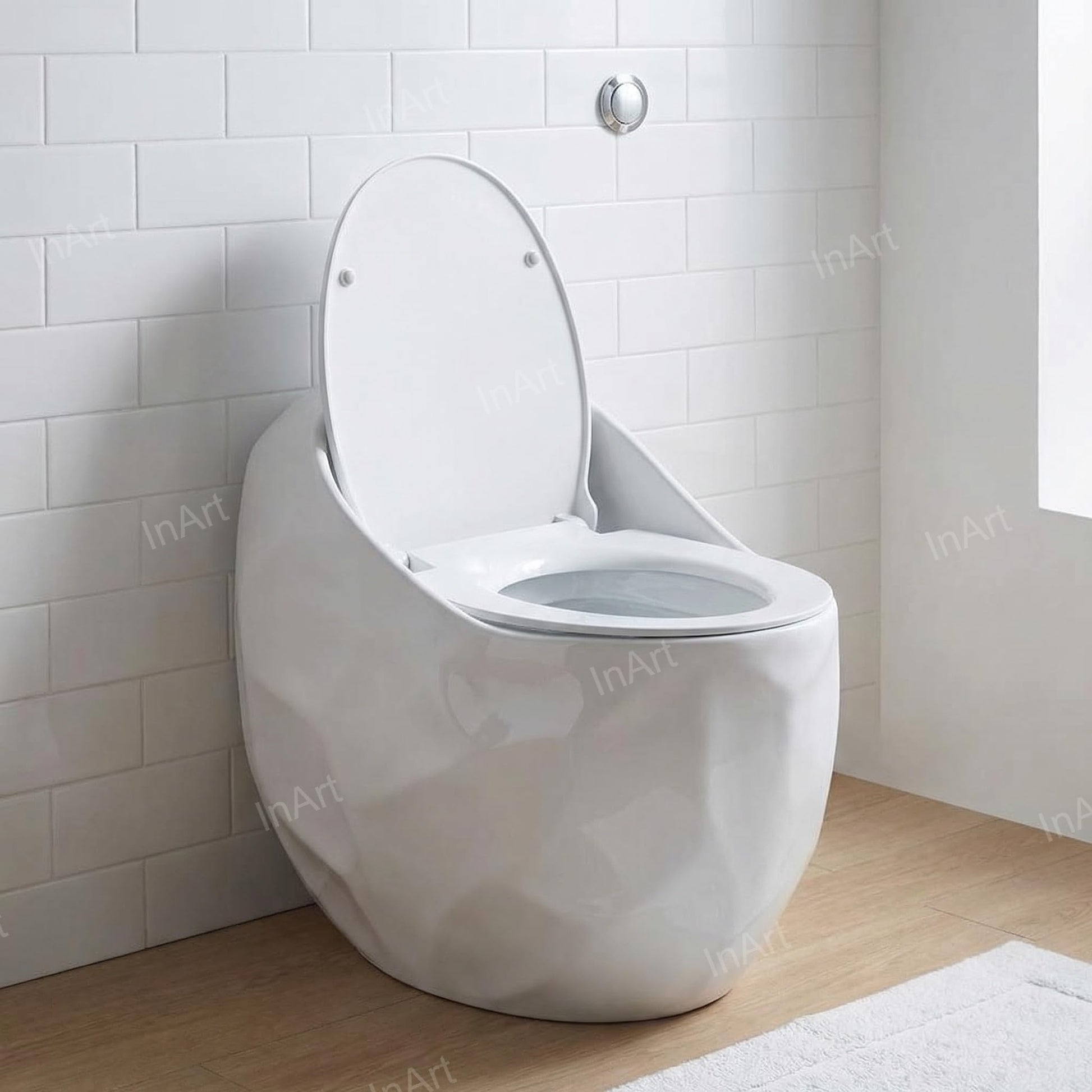 InArt platinum one-piece western commode with soft close seat, close-up of oval rim and glossy finish