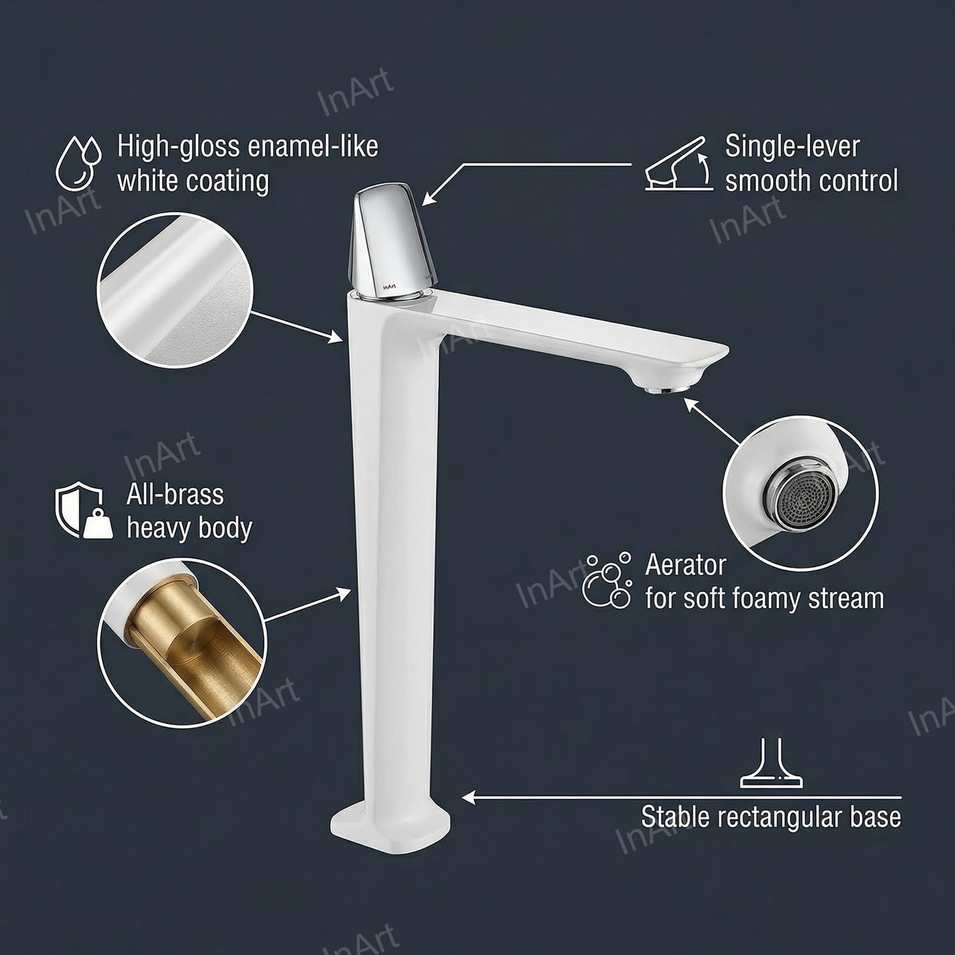 Designer basin mixer tap for modern bathroom, side angle view of white brass basin tap with long body