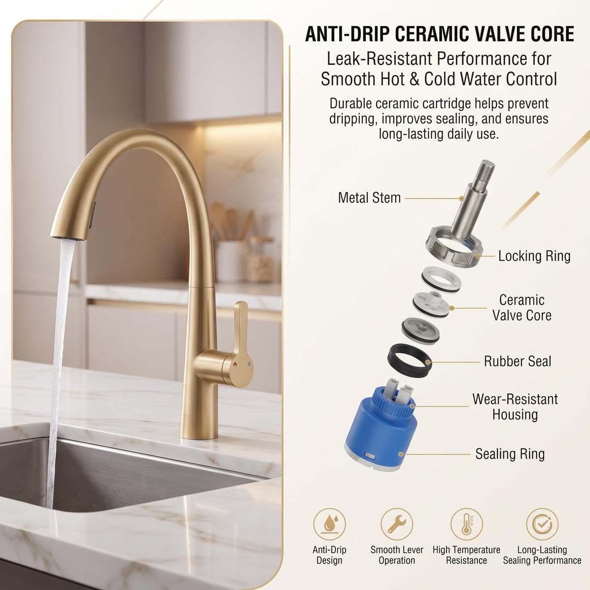 Deck mounted brass kitchen faucet with flexible pull-down spray head