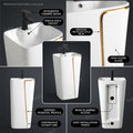 Modern designer pedestal wash basin in ceramic, round glossy white gold finish, side angle for bathroom