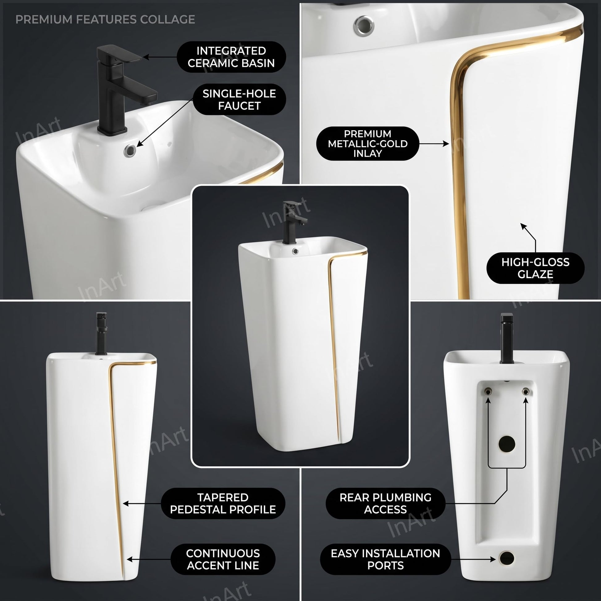 Modern designer pedestal wash basin in ceramic, round glossy white gold finish, side angle for bathroom