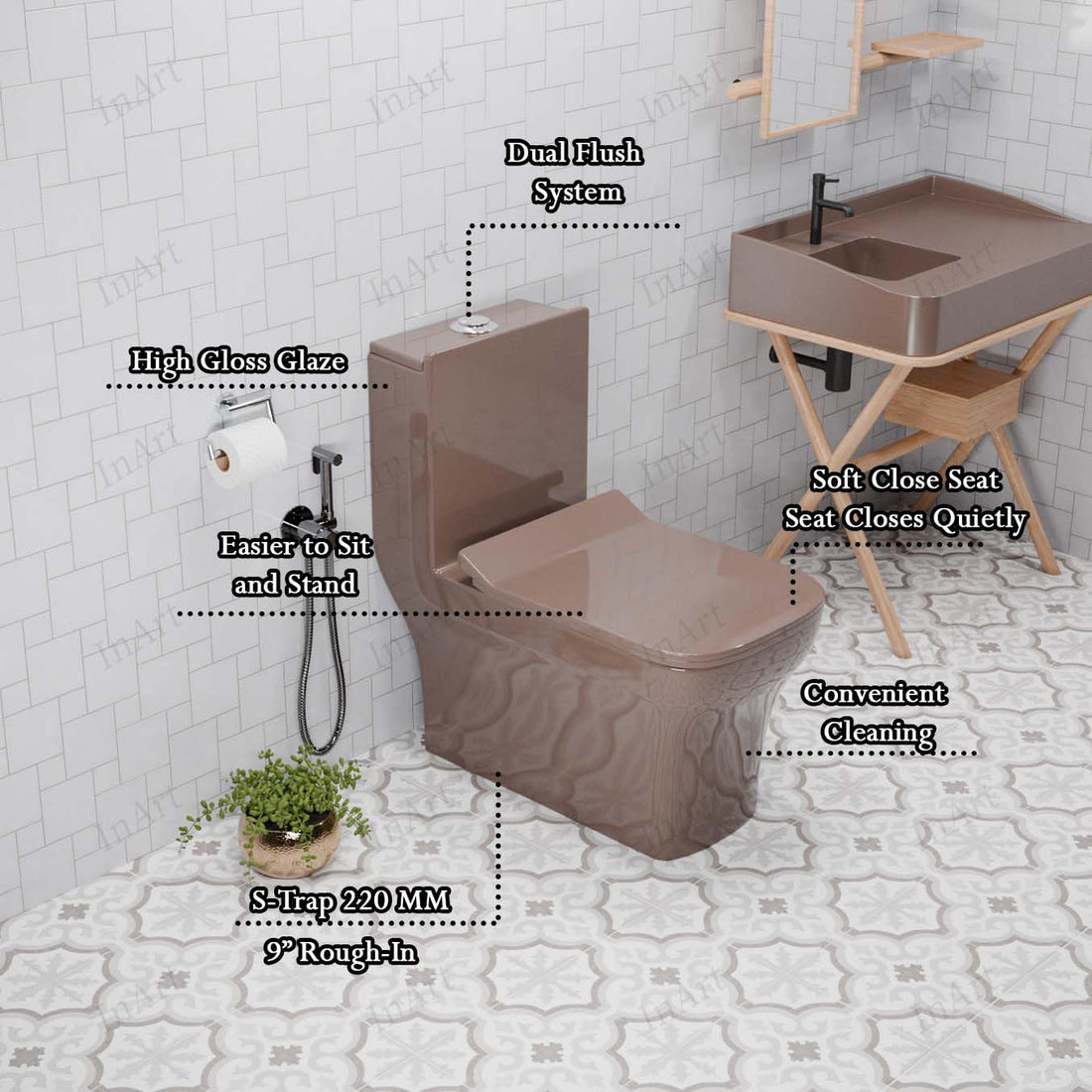 Cera single piece commode by InArt in brown ceramic rectangular one piece western toilet, floor mounted front view