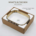 Basin table top design in glossy white with gold edge, ceramic oval sink for premium washroom decor