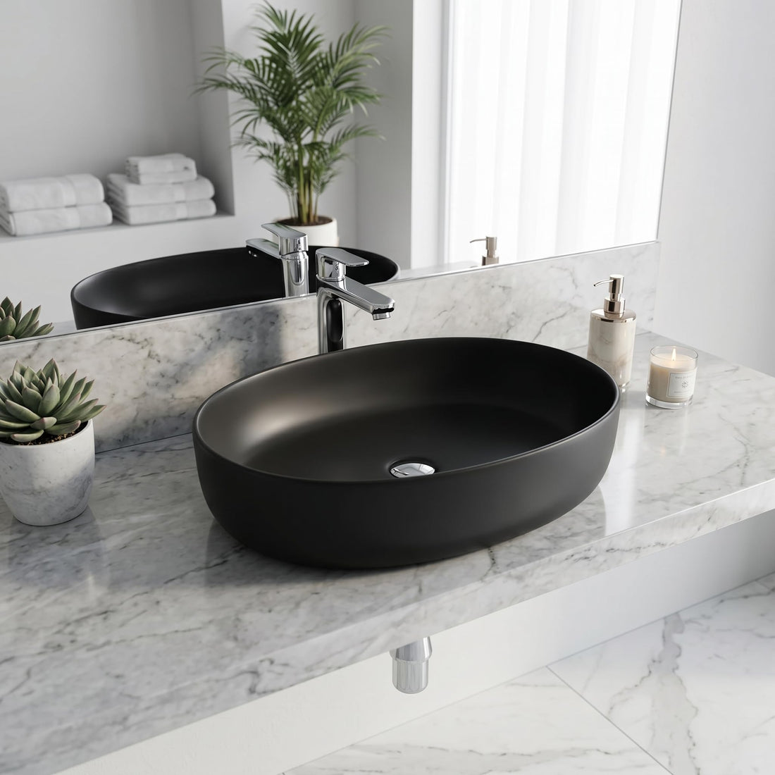 Matte black oval ceramic table top wash basin above counter view