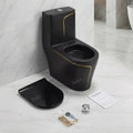 Box contents overview: commode, soft-close seat, inlet and outlet rubber gaskets