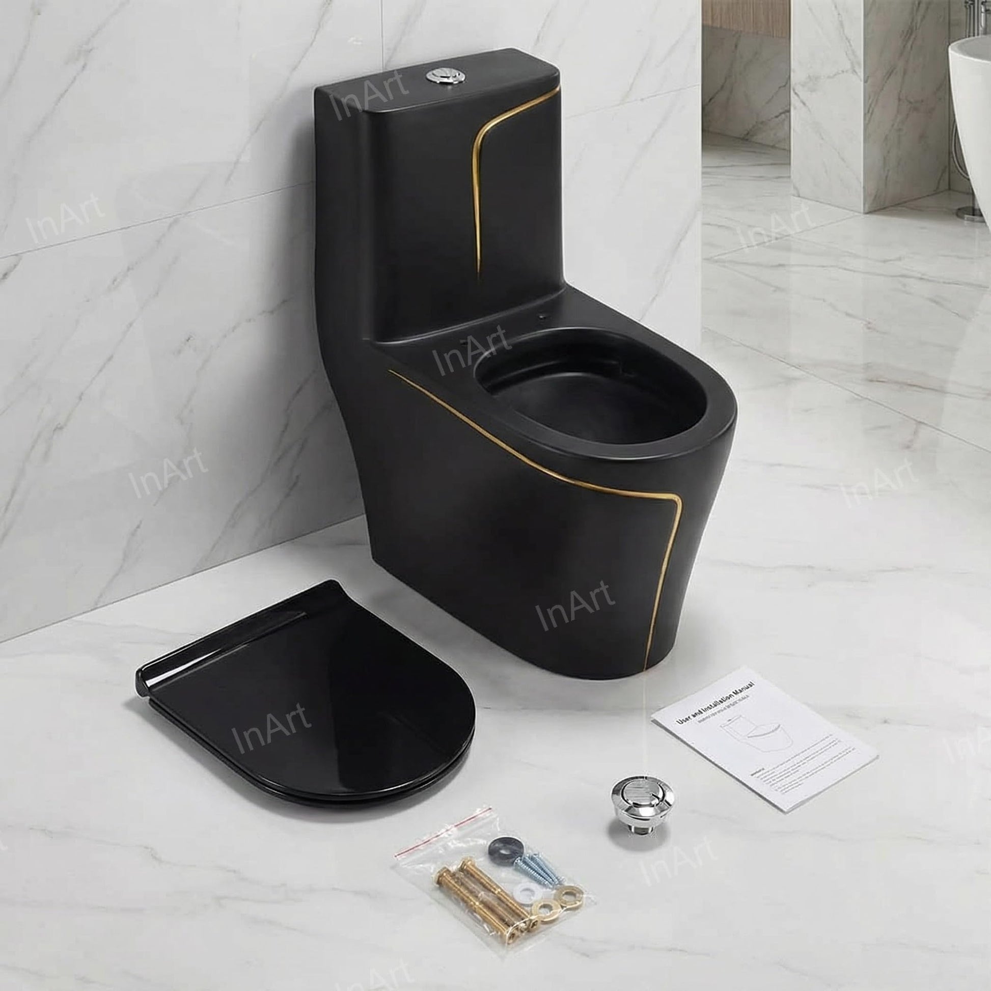 Box contents overview: commode, soft-close seat, inlet and outlet rubber gaskets