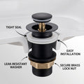 Close-up of pop-up cap design for wash basin drain outlet in matt black