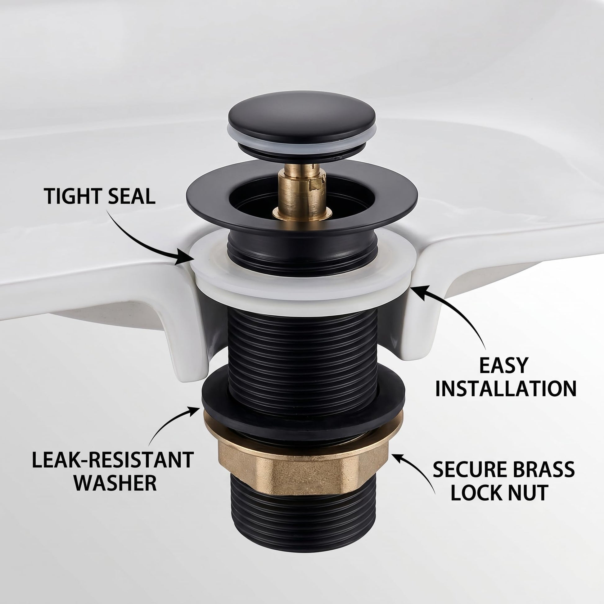 Close-up of pop-up cap design for wash basin drain outlet in matt black
