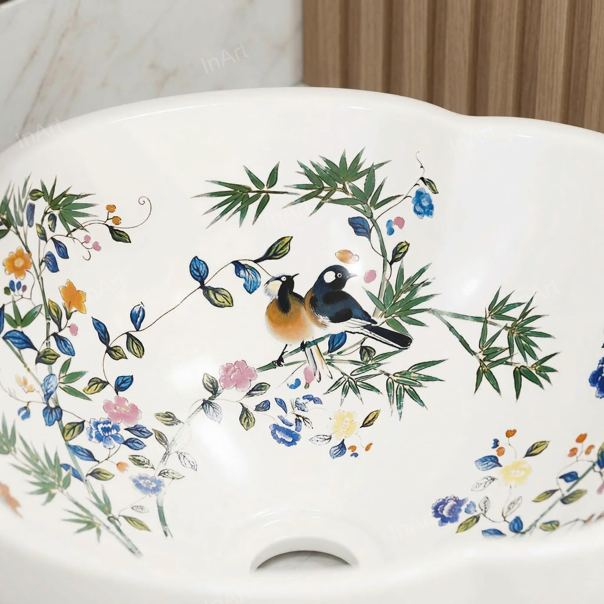 Round countertop sink with smooth rim and deep bowl, premium ceramic table top wash basin