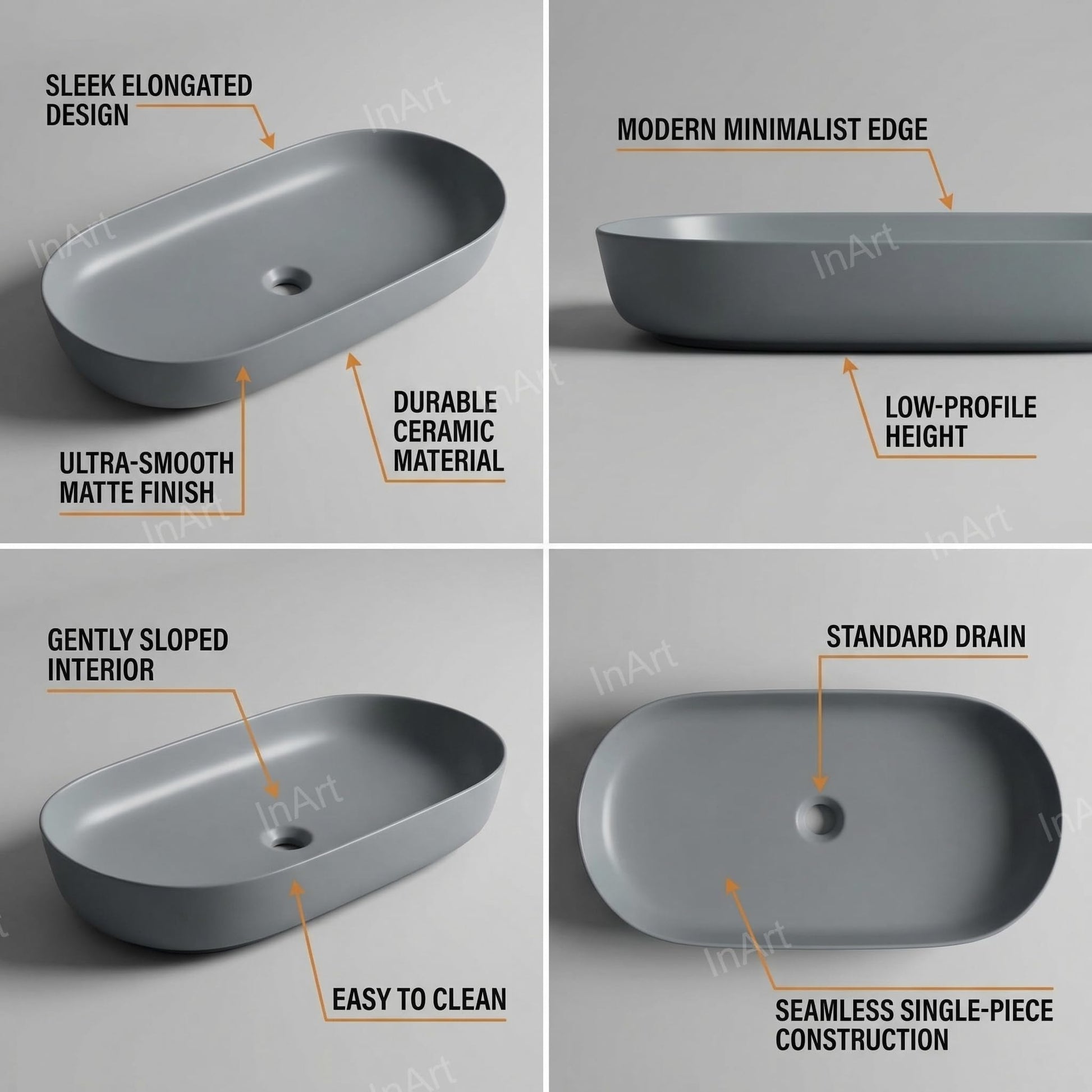 InArt modern table top wash basin design, rectangular matt grey ceramic basin, side angle view