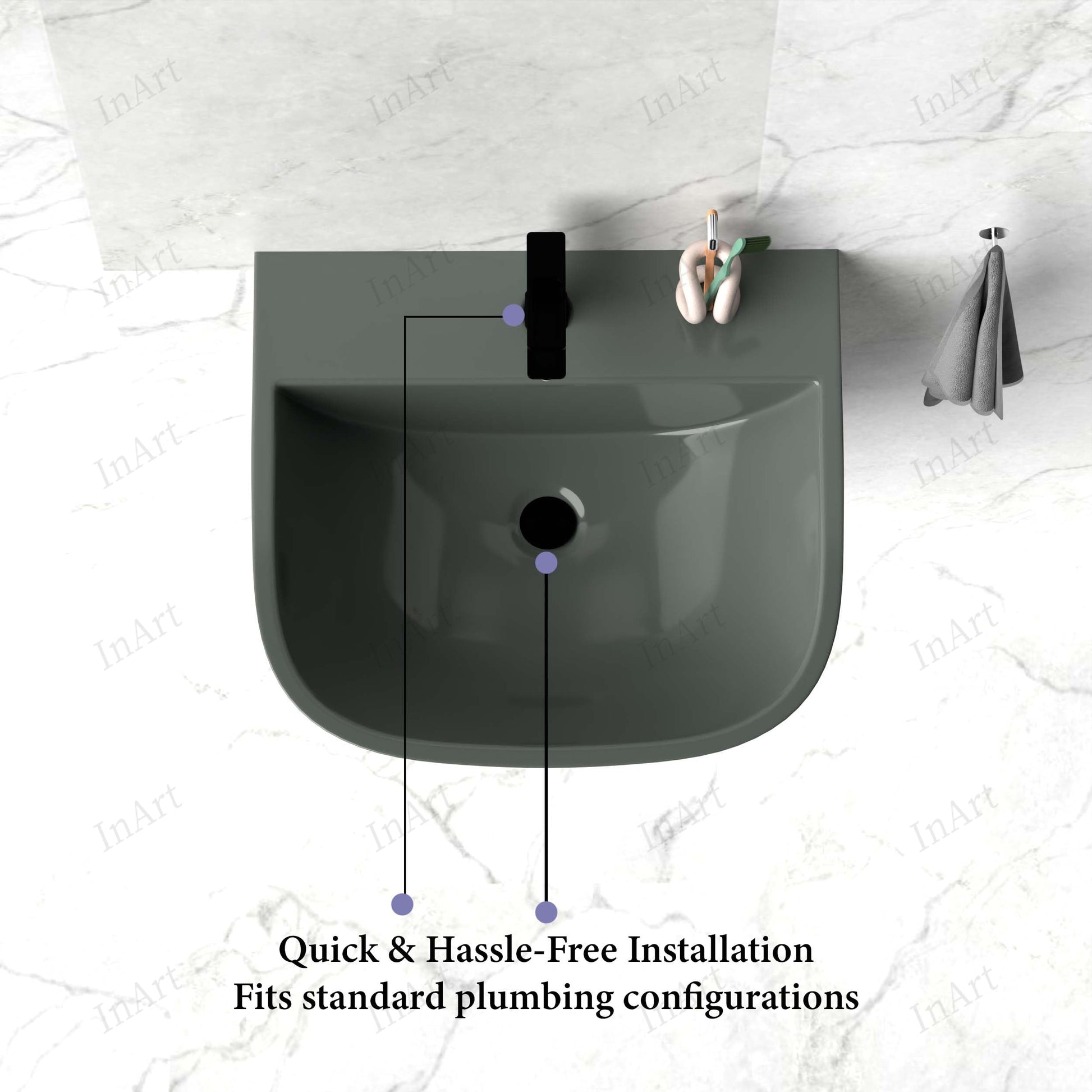 Wall mounted bathroom sink basin in grey glossy ceramic, compact 20 x 18 size for small washroom