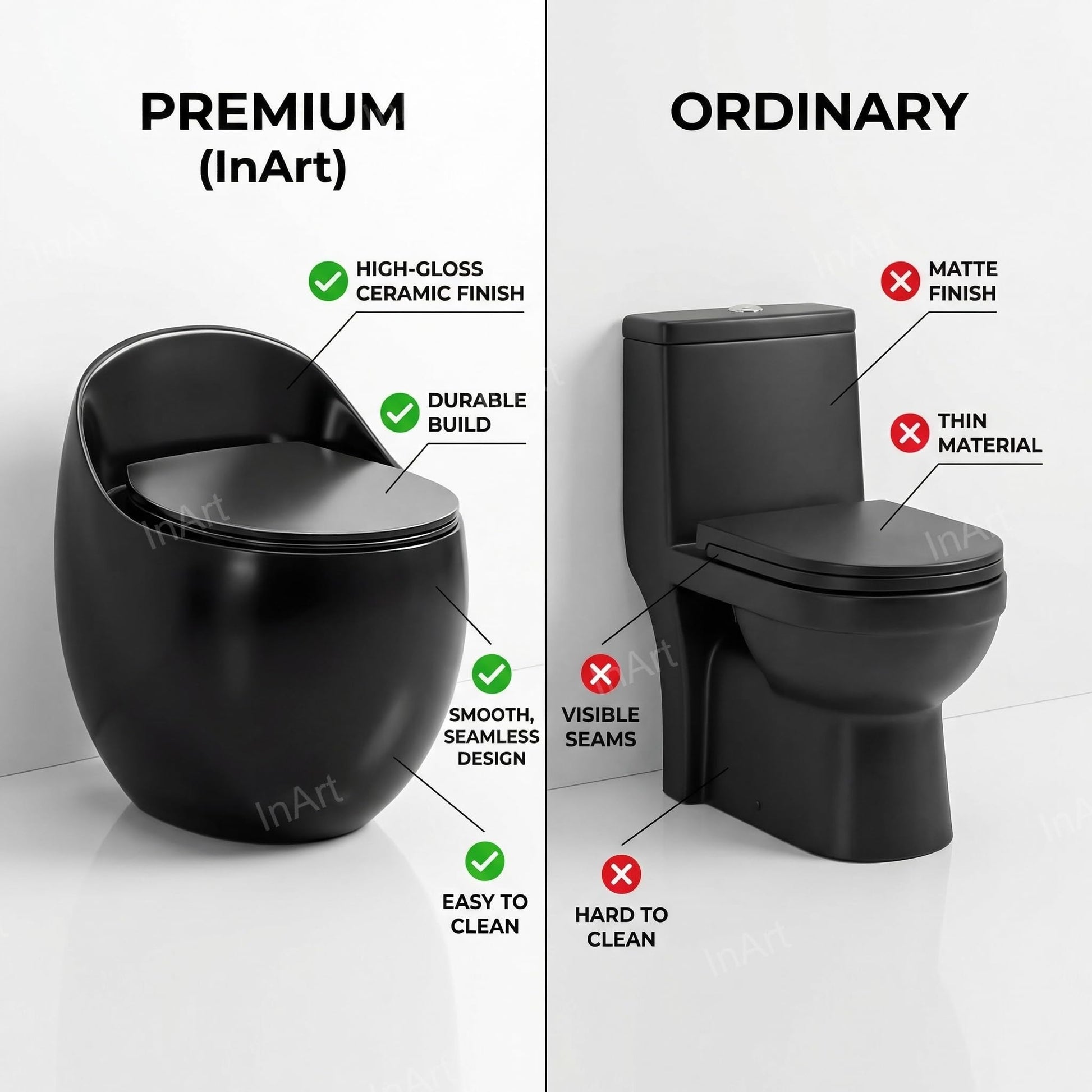 Modern bathroom interior with glossy black ceramic one piece western toilet, floor mounted rimless commode