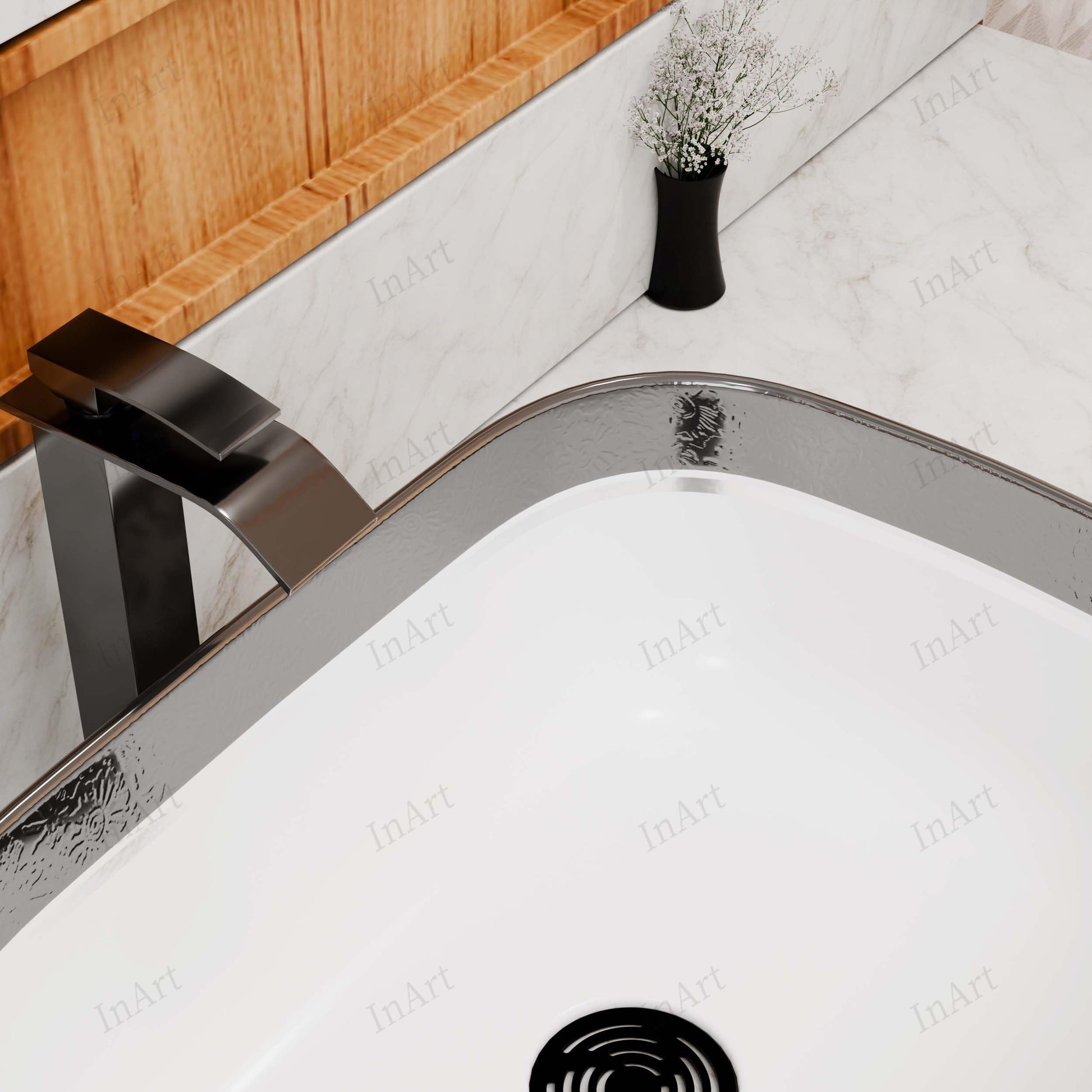 Rectangular tabletop washbasin with smooth drain area, silver white ceramic basin detail shot