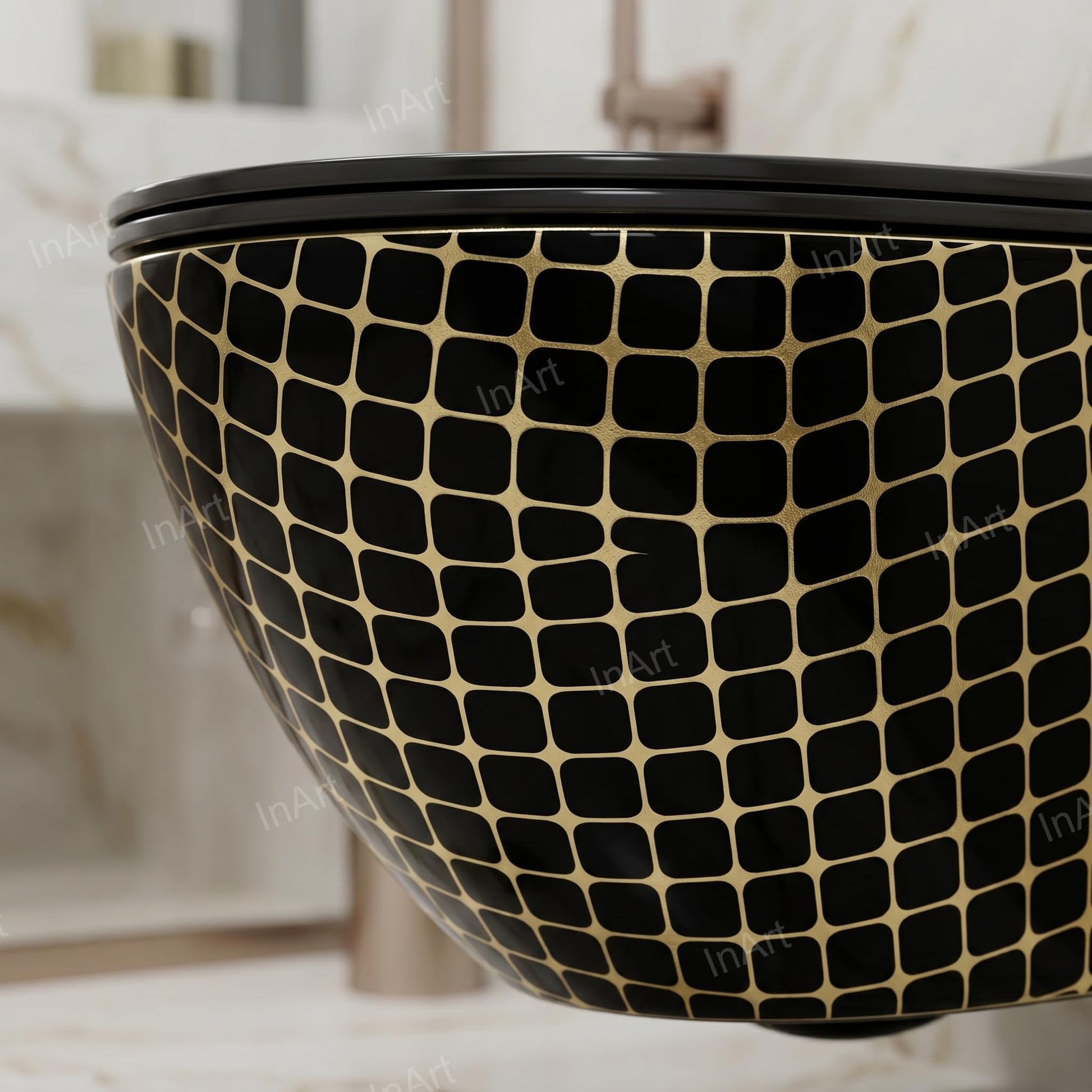 Rimless bowl detail of ceramic wall mounted commode for modern Indian bathroom, easy clean design