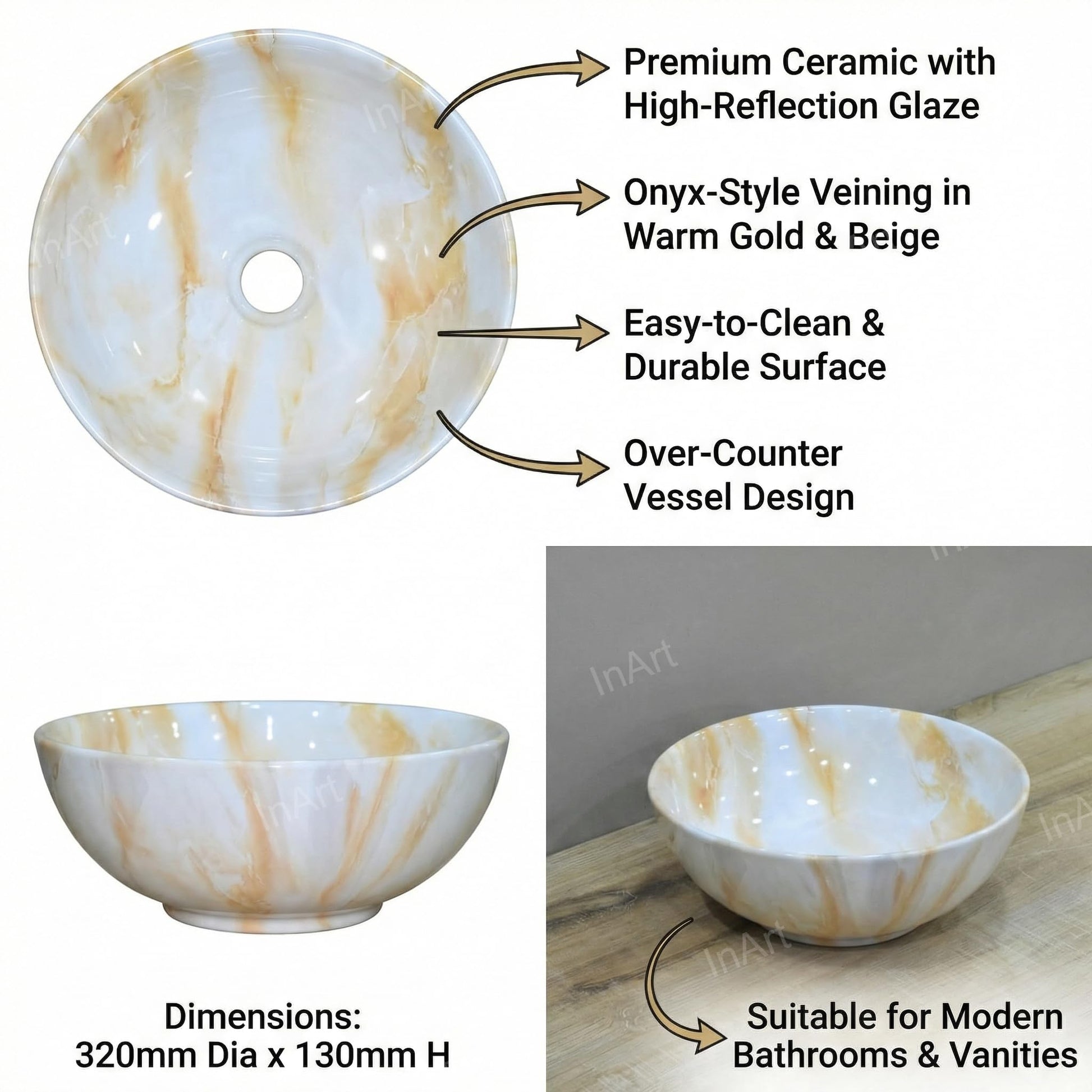 Modern table top wash basin design for bathroom, round onyx glossy ceramic basin side angle