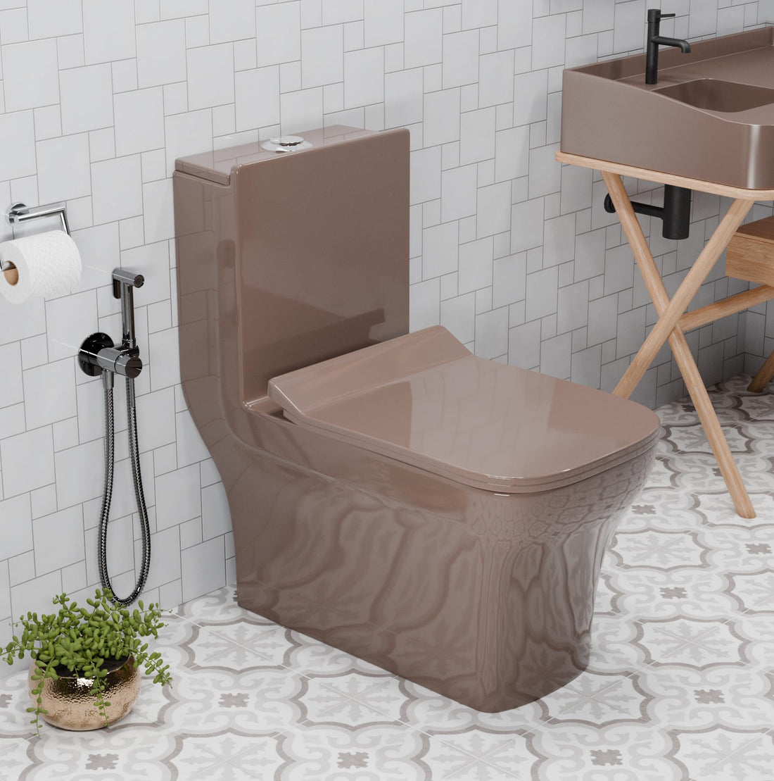 Cera single piece commode by InArt in brown ceramic rectangular one piece western toilet, floor mounted front view