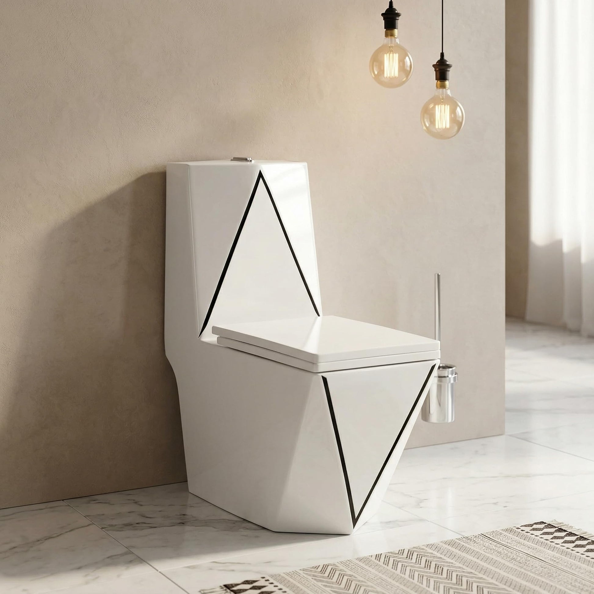 InArt single piece western toilet in dual tone black white ceramic, oval one piece commode front view