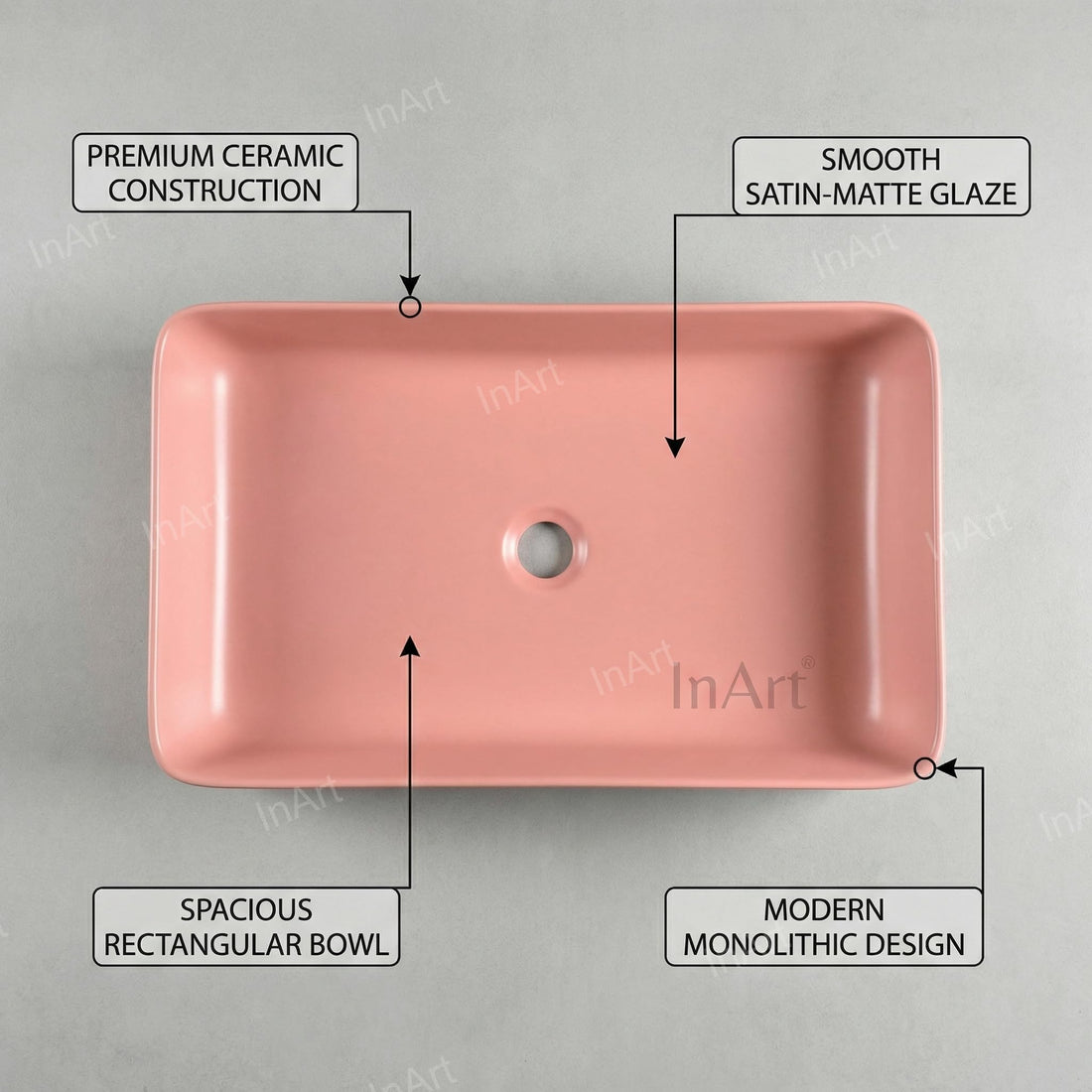 InArt wash basin cabinet ceramic rectangular pink table top wash basin, front view