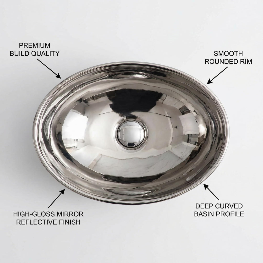 Dining hall wash basin cabinet design with InArt ceramic oval table top wash basin in silver finish, front view